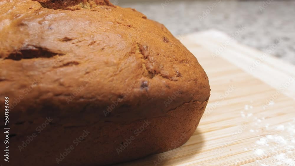 Fresh Loaf of Sliced Homemade Banana Bread with Right to Left Slide Fresh Loaf of Sliced Homemade Banana Bread with Right to Left Slide