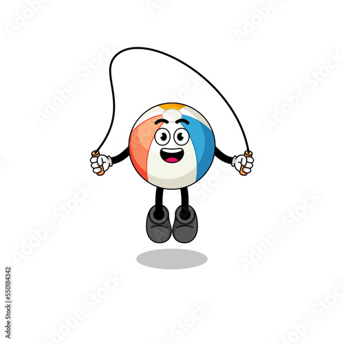 beach ball mascot cartoon is playing skipping rope