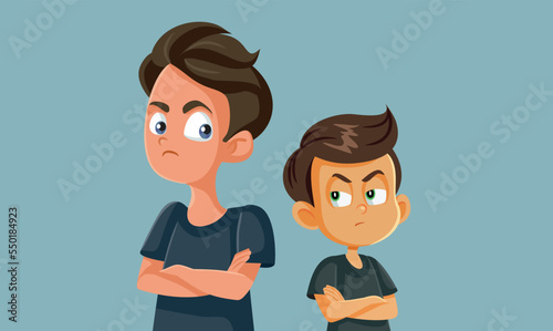 Teenage Boy Fighting with His Little Brother Vector Cartoon Illustration. Siblings arguing and disagreeing having different personalities
