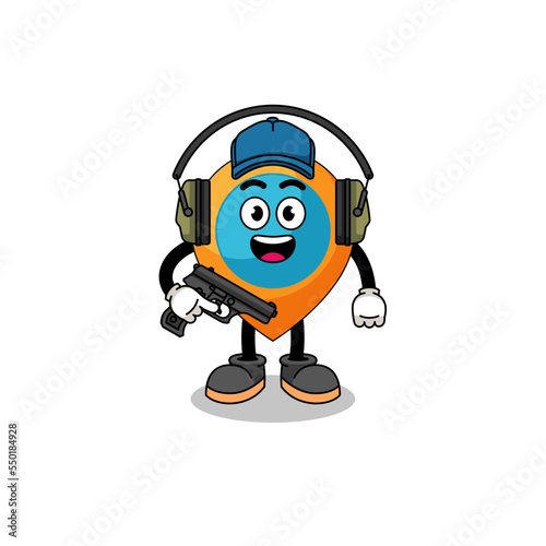 Character mascot of location symbol doing shooting range