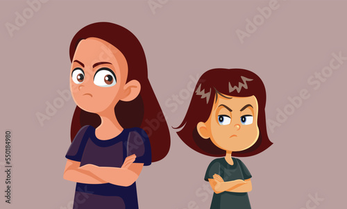 Teenage Girl Fighting with Her Little Sister Vector Cartoon Illustration. Siblings arguing and disagreeing having different personalities
