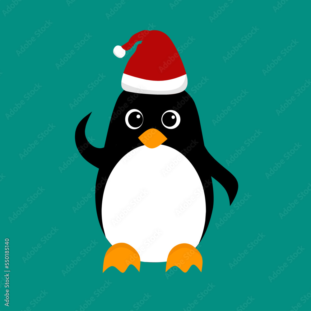 Obraz premium Xmas theme and concept. Christmas Penguin with Santa’s Cap. Santa Claus hat. Bright Winter holiday composition
