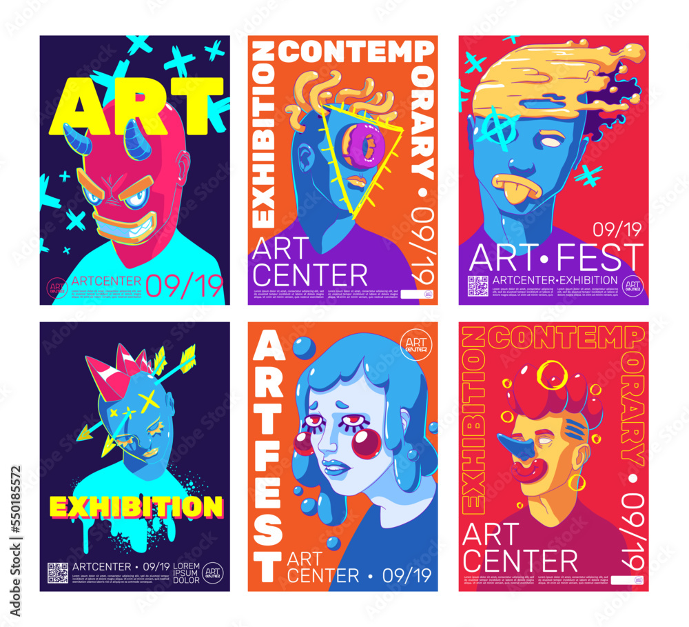 Set of contemporary art poster templates. Vector illustration of colorful abstract portraits, weird male and female faces with creative patterns. Trendy flyers for cultural event, exhibition or show