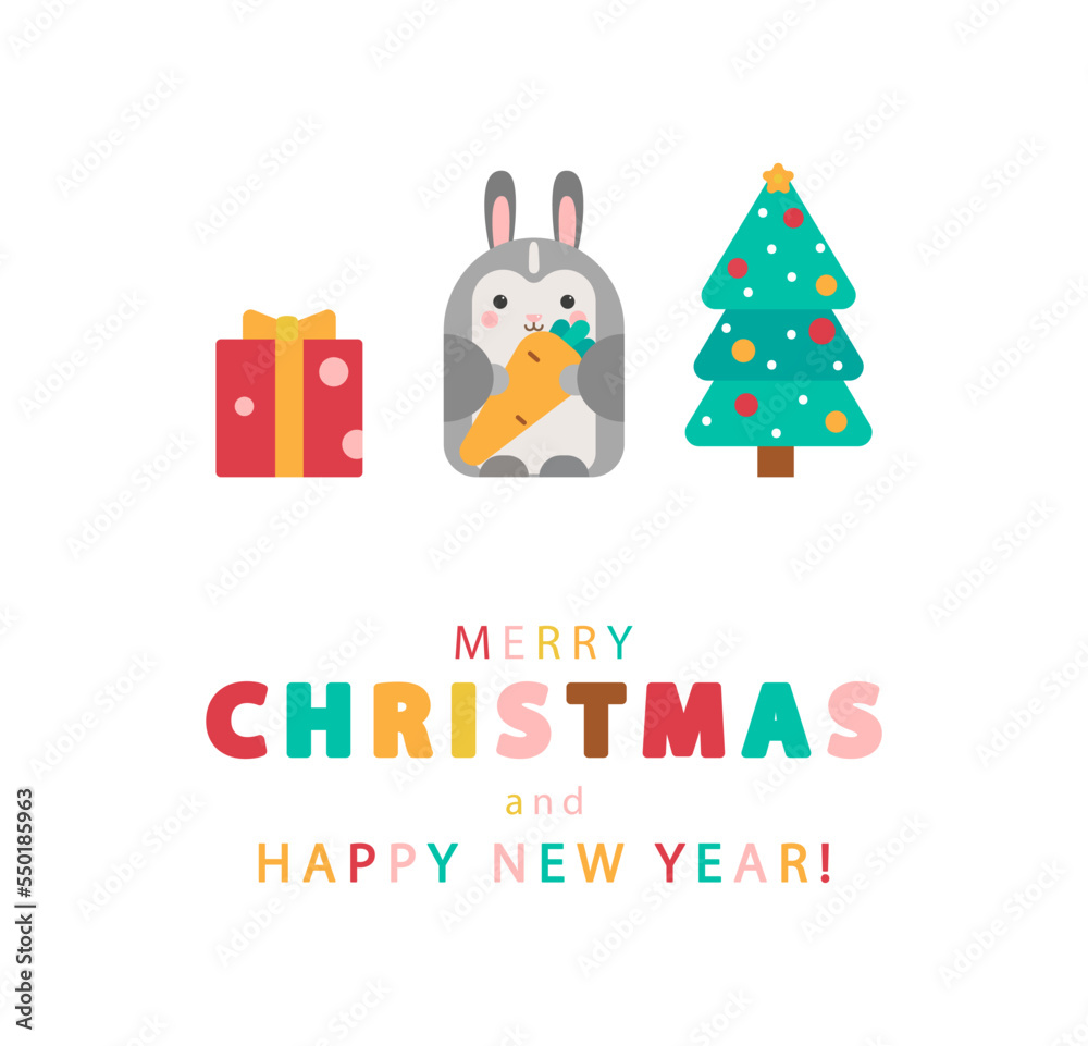 new year card with christmas tree, rabbit