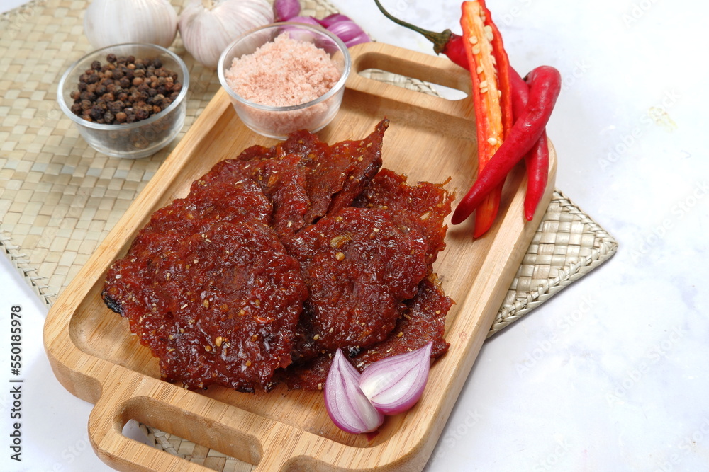 dendeng sapi or indonesian style, dried beef jerky,Marinated with spices then fried dendeng sapi or indonesian style, dried beef jerky,Marinated with spices then fried