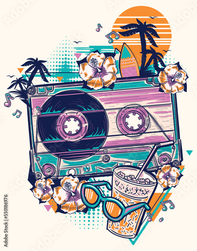 Funky tropical disco music design - audiocassete, drink, sunglasses and palms with flowers on sunset 