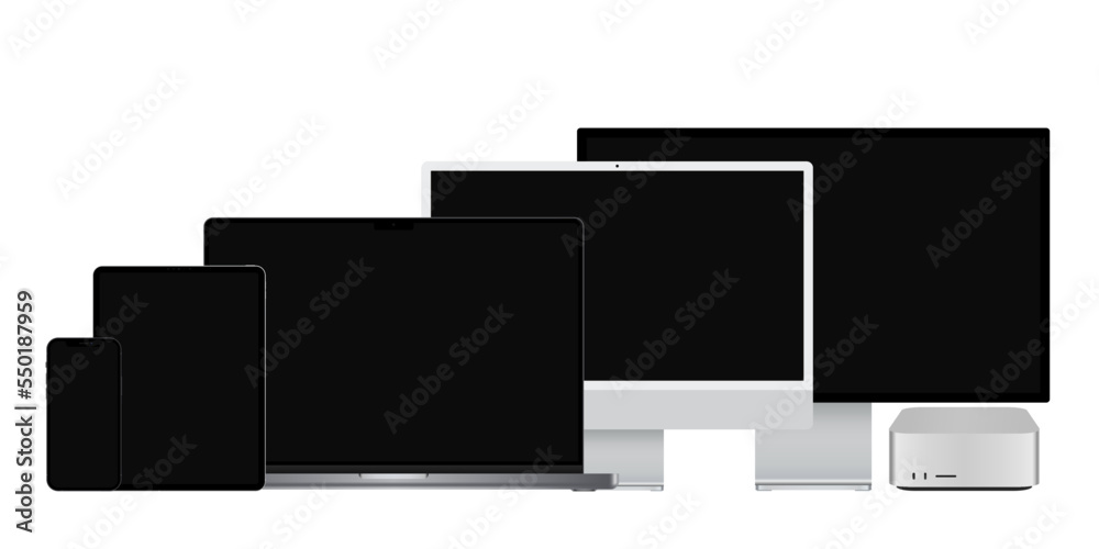 Vector graphic of silver phone, tablet, laptop and desktop pc. Ideal to present your website and user interface mockups. Vector graphic of silver phone, tablet, laptop and desktop pc. Ideal to present your website and user interface mockups.