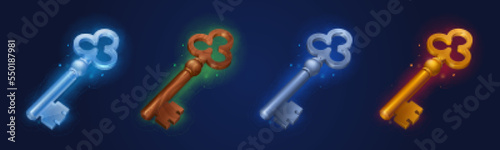 Set of keys made of wood, gold, silver and stone isolated on dark background. Cartoon vector illustration of different rank trophies. Collection of game props, level awards. Gui design elements