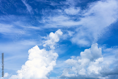 Clouds in the blue sky. Natural sky background texture, beautiful color. Peaceful blue sky with light clouds. The free form beauty of clouds and sky is perfect for background, backdrop and wallpaper.