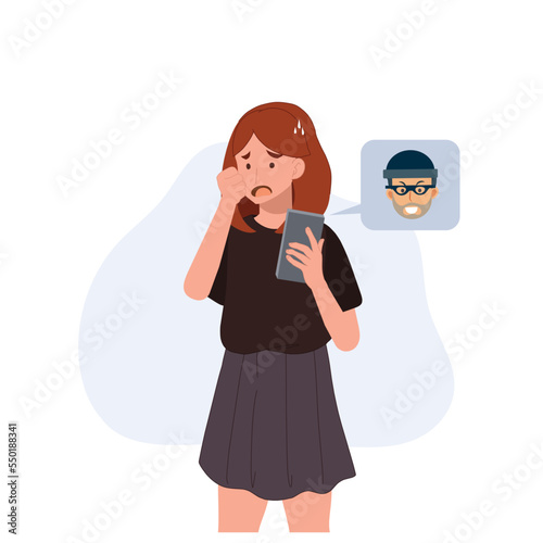 Online crime concept, online social media fraud.A woman is scaring A thief from smartphone.  flat Vector cartoon character illustration