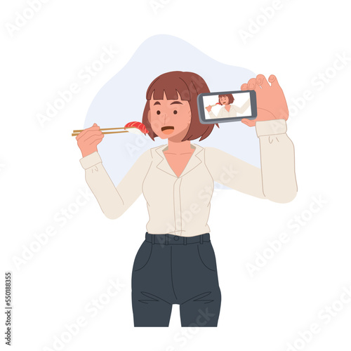 woman taking selfie with food, sushi. taking picture by phone. Flat vector cartoon character illustration.