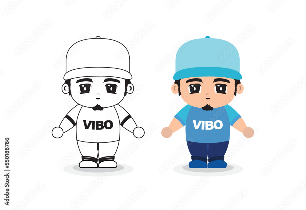 Cute vector illustration of male character in hat in full color and black and white used for coloring sketch set.