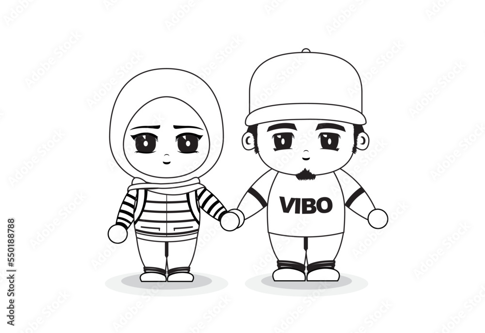 Cute illustration of cartoon character couple in hat and veiled with black and white color concept.