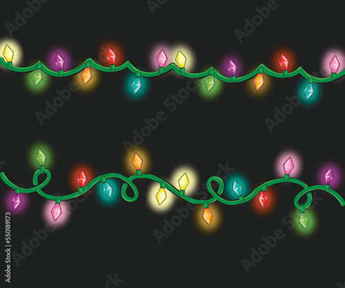 Strings of festive Christmas holiday twinkle lights glowing on an isolated black background. 