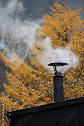 Smoke coming from black metal log cabin chimney