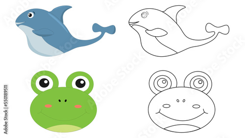 Coloring page with dolphin and green frog
