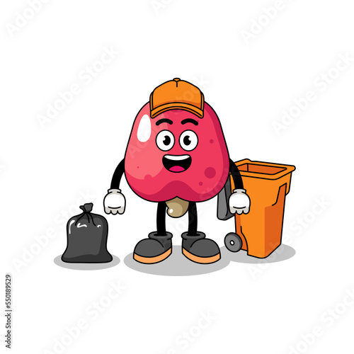 Illustration of cashew cartoon as a garbage collector