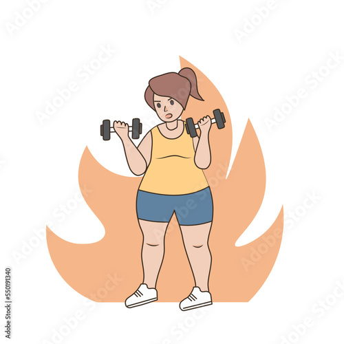 Fat woman trying to focus on exercising to lose weight,intense training program calorie burning,Lifting dumbbells and having flames behind them,Vector illustration.