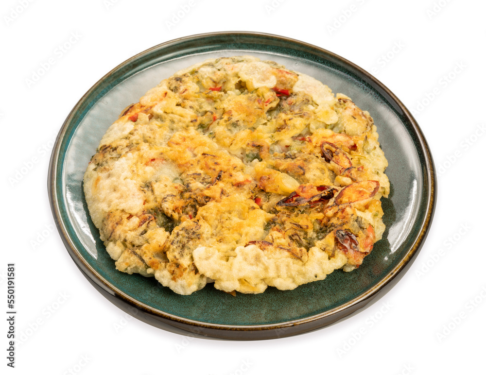 Korean pancake or Pajeon, Korean dish made from egg and wheat flour with chili and chives vegetable Isolate opn white with clipping path. Korean pancake or Pajeon, Korean dish made from egg and wheat flour with chili and chives vegetable Isolate opn white with clipping path.
