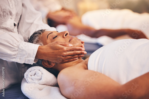 Spa, facial and massage of senior woman for peace, relaxation and wellness procedure lifestyle. Health, physical therapy and masseuse at luxury resort massaging client on salon treatment bed.