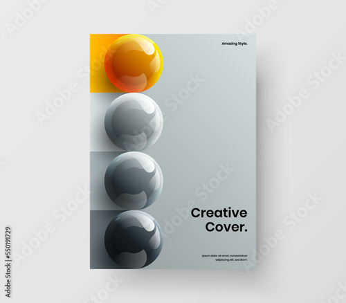 Creative banner A4 design vector template. Bright 3D spheres book cover layout.