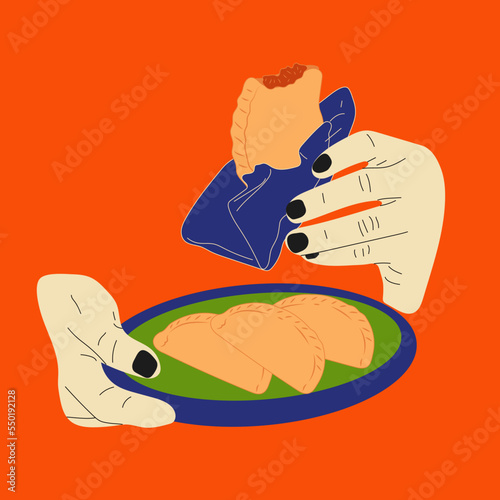 Hand holds empanada. Latin American food empanadas in plate. Vector in cartoon style. All elements are isolated
