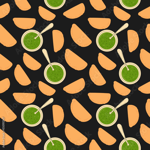 Seamless pattern with meat roasted empanadas on a baking sheet with sauce. 