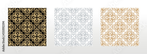 Wallpapers in the style of Baroque. Seamless vector backgrounds. Set of colored floral ornaments. Graphic patterns for fabric, wallpaper, packaging. Ornate Damask flower ornaments