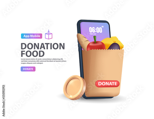 3D food sharing donation with paper bag app on a smartphone, volunteering and charity concept