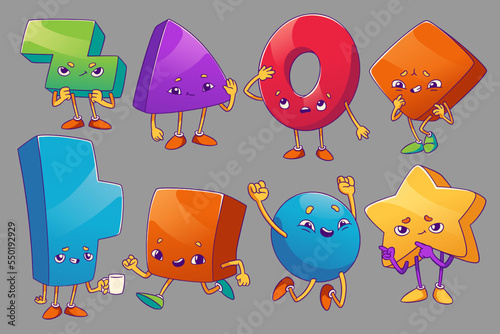 Geometric shapes characters with different emotions. Cute abstract basic forms, figures of circle, square, triangle, star and torus for kids education, vector illustration in contemporary style