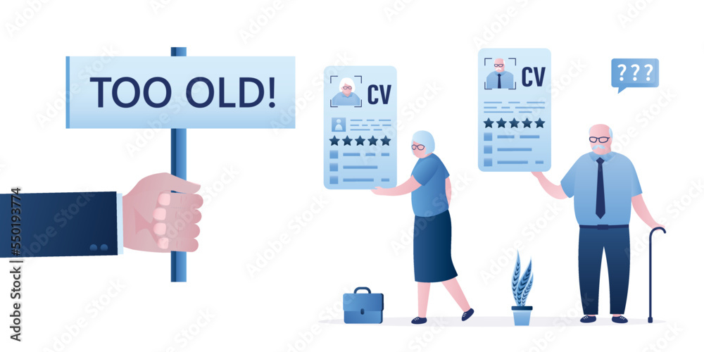 Job restrictions, hand holds placard - too old. Elderly people with resume. Age discrimination, ageism. Old job seekers after interview. Recruitment, unemployment problems. Job restrictions, hand holds placard - too old. Elderly people with resume. Age discrimination, ageism. Old job seekers after interview. Recruitment, unemployment problems.