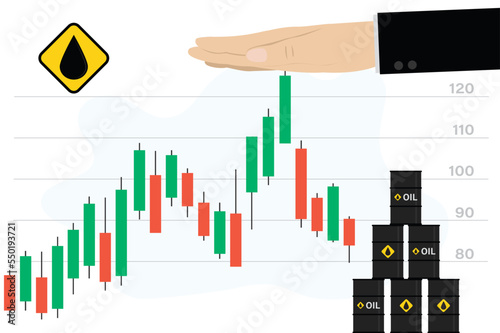 Stock quotes of oil or gas prices, politician or financer hand from above limits price growth. Economic crisis due to high energy prices. Ceiling prices for export of petroleum products.
