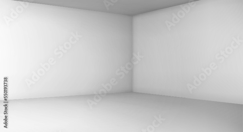 Corner of empty room with white walls, floor and ceiling. 3d blank interior of living room, office, gallery, studio or hallway, vector realistic illustration in perspective view photo