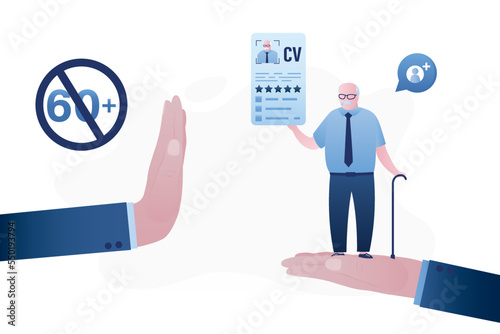 HR agent hand holds elderly man with cv. Job restrictions, employer hand in gesture - stop, job seeker too old. Senior holds resume. Age discrimination, ageism. Applicant after interview.