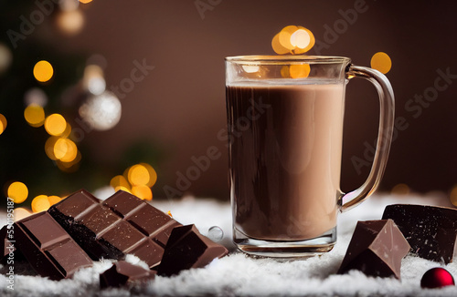 Taza de chocolate caliente con una barra de chocolate, bebida cálida y acogedora de Navidad