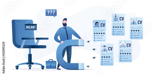 HR agent uses magnet and attract resume of job seekers. Interview, recruitment, hiring process. Various cv of applicants. Search for new staff, employment concept. Office vacant chair.