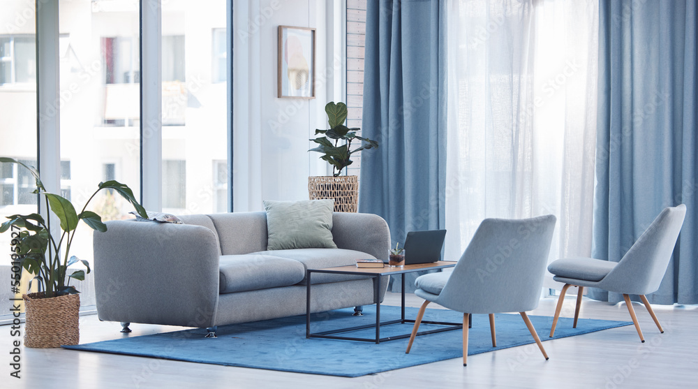 Empty living room interior, furniture and sofa in home with plants, chairs and carpet, rug and laptop and book on table. Room, modern design or interior design of luxury apartment, house or property.