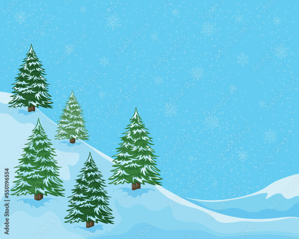 Winter illustration. Winter landscape with the image of Christmas trees on the mountainside. Christmas trees in the snowy forest. Vector