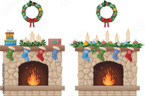 Fireplace. Christmas fireplace with a Christmas wreath and socks for gifts. Fireplace with fire and festive decorations. Vector illustration
