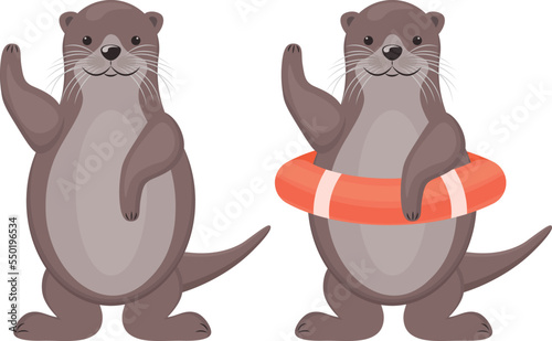 Otters. Two cute cartoon otters. An otter in a lifebuoy. Cute river animals. Vector illustration