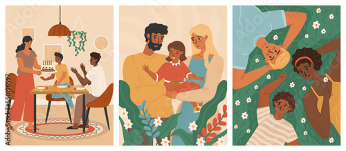 Happy multicultural family with kids. Interracial family concept vector poster set. People with different skin color and cultural background together. Black father and white mother with mixed child
