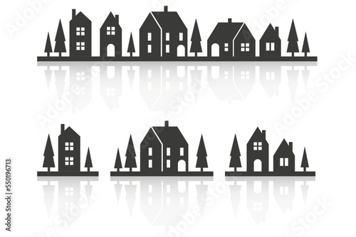 Silhouette of houses on the skyline. Suburban neighborhood landscape. Countryside cottage homes with reflection. Glyph vector illustration.
