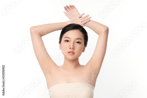 Beautiful young asian woman with clean fresh skin on white background, Face care, Facial treatment, Cosmetology, beauty and spa, Asian women portrait. © kitthanes