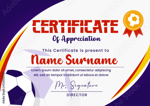 Football tournament, sport event certificate design template easy to customize simple and elegant design