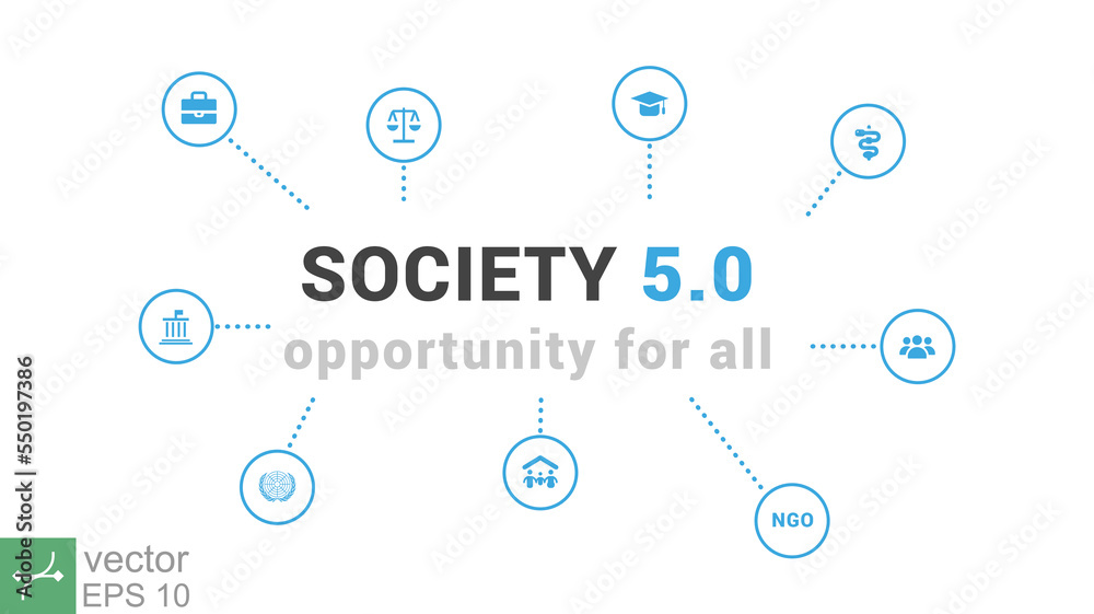 Society 5.0 banner, opportunity for all icon set. Problem solving and value creation, diversity, decentralisation, resilience, sustainability and environmental harmony. Vector illustration EPS 10. Society 5.0 banner, opportunity for all icon set. Problem solving and value creation, diversity, decentralisation, resilience, sustainability and environmental harmony. Vector illustration EPS 10.