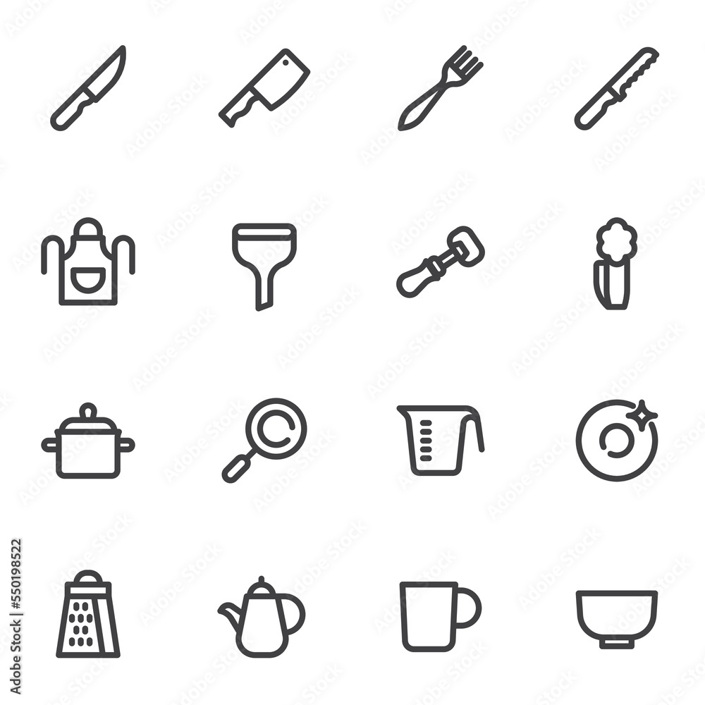 Cooking utensils line icons set Cooking utensils line icons set