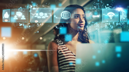 Woman, digital networking and AI technology in virtual hologram icons for global communication at the office. Young businesswoman working with a vision for big data, network or fintech media at night photo