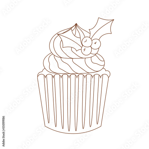 Coloring page outline of Christmas sweet cupcake. Outlined muffin with cream and decoration. Coloring vector book antistress for adult and kids.
