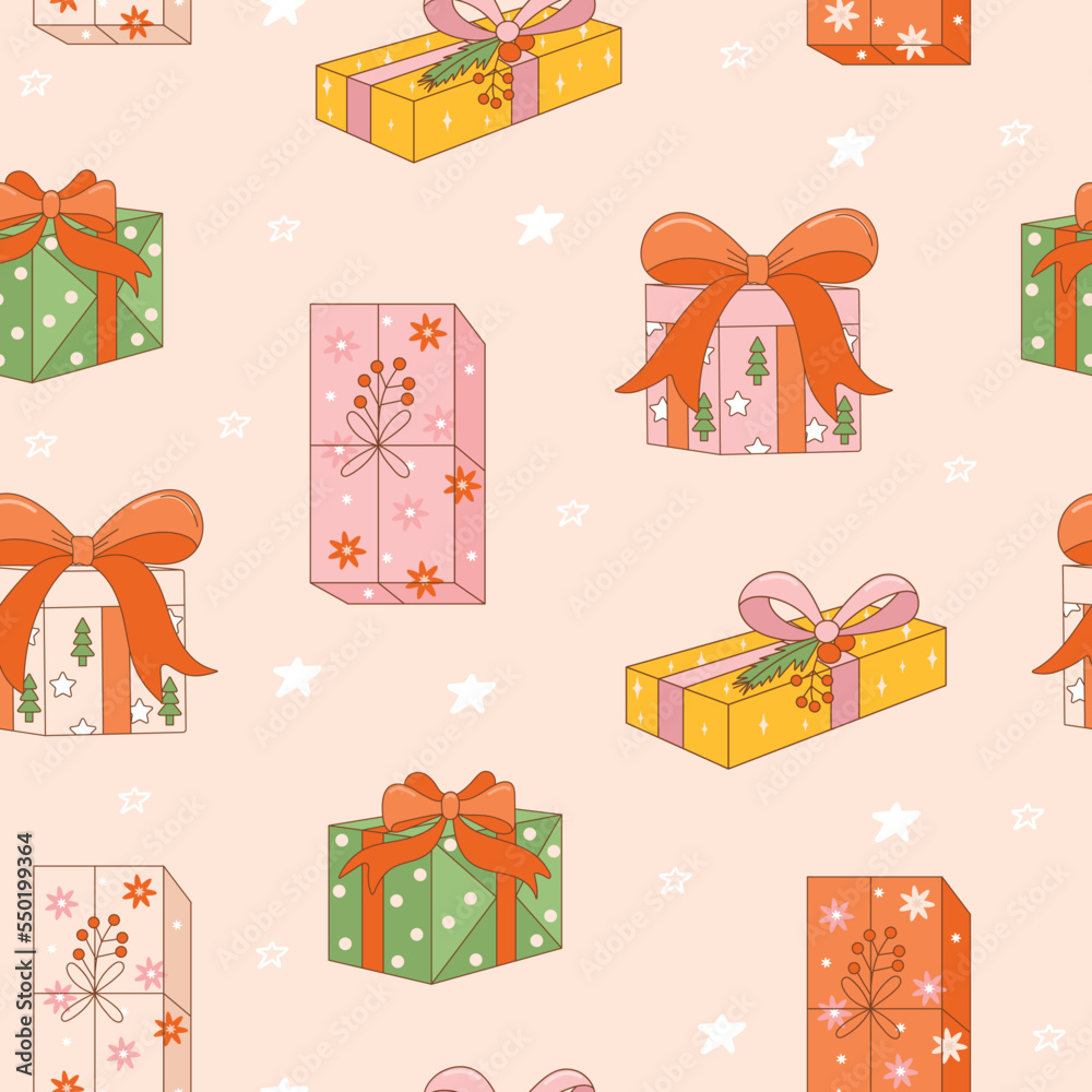 Christmas retro seamless pattern with groovy various gifts. Vintage vector for winter holidays postcard, invitation, wrapping paper, packaging etc.