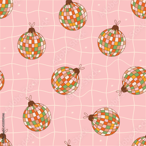 New year retro seamless pattern with groovy disco ball fir-tree toy. Christmas toys on checkerboard background. Vintage vector for winter holidays postcard, invitation, wrapping paper, packaging etc.